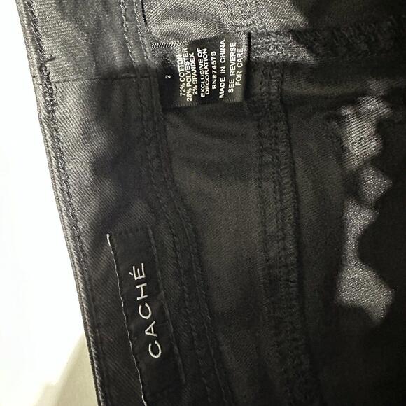 Cache Women’s Coated Wax Denim Sz 2 Black Skinny Pants Leather Threaded Rivets - Picture 4 of 12